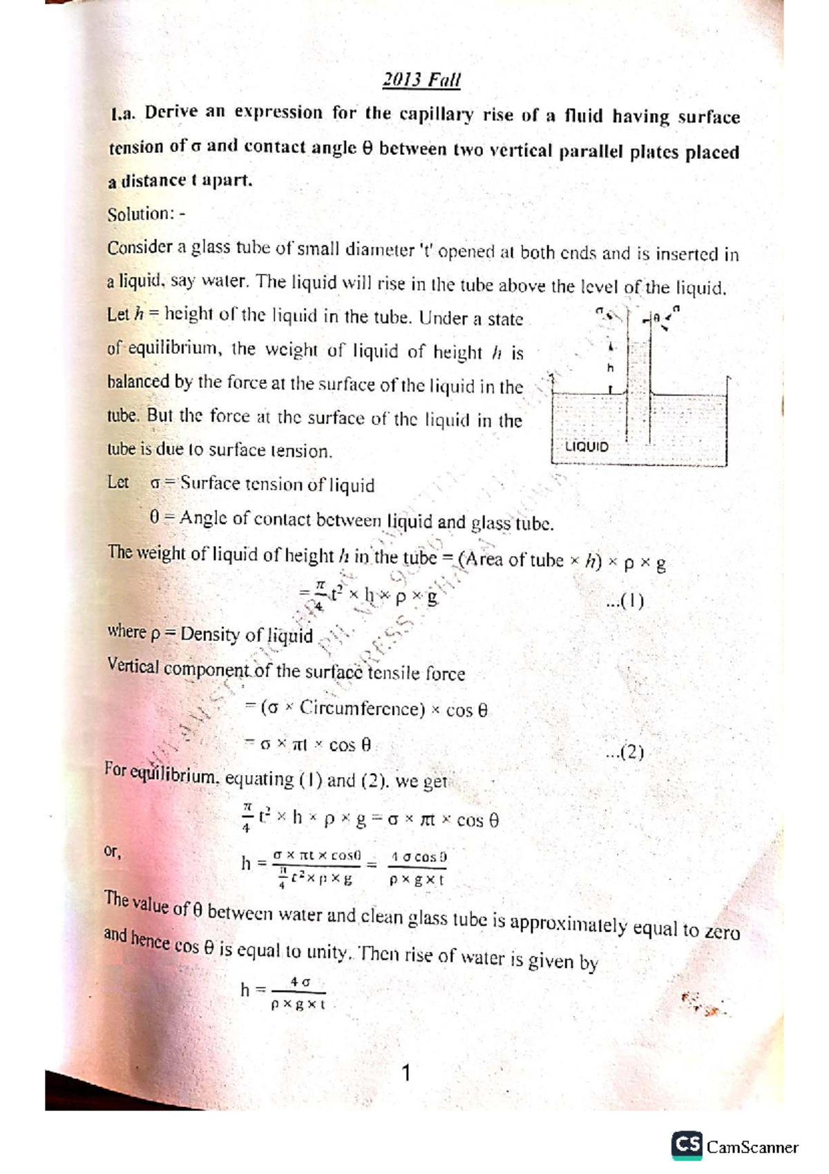 Fluid Mechanics Qbank Solutions 2013 Fall 1.a - Capillary Rise and ...