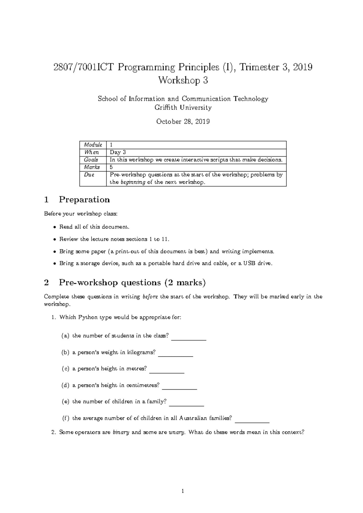 Programming Principles Workshop 6 (1811ICT/2807ICT/7001ICT) - Studocu