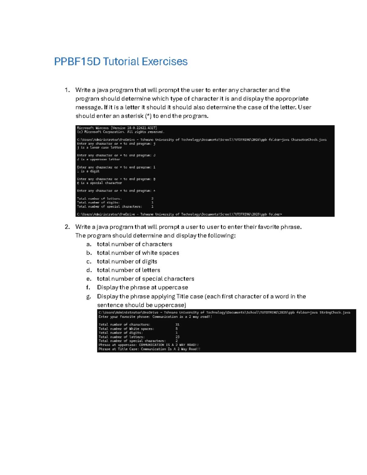 PPBF15D Tutorial Exercises: Java Character Analysis Program - Studocu