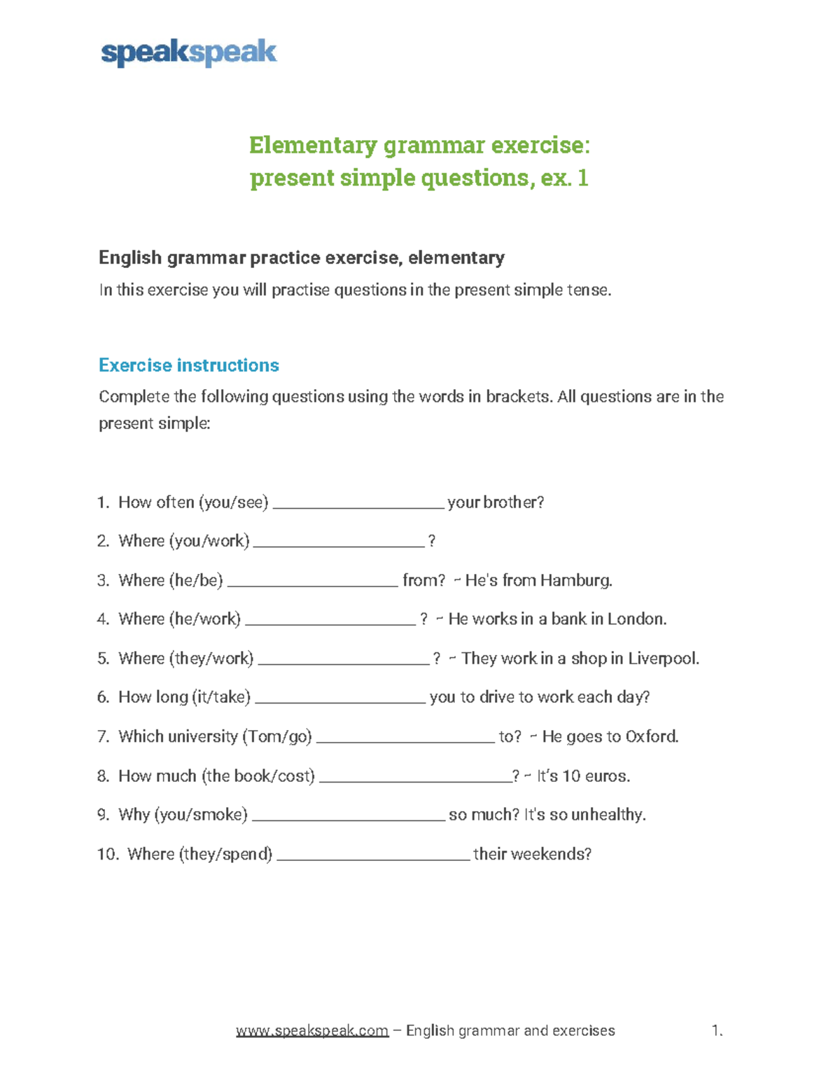 Elementary Grammar Exercise: Present Simple Questions Ex. 1 - Studocu