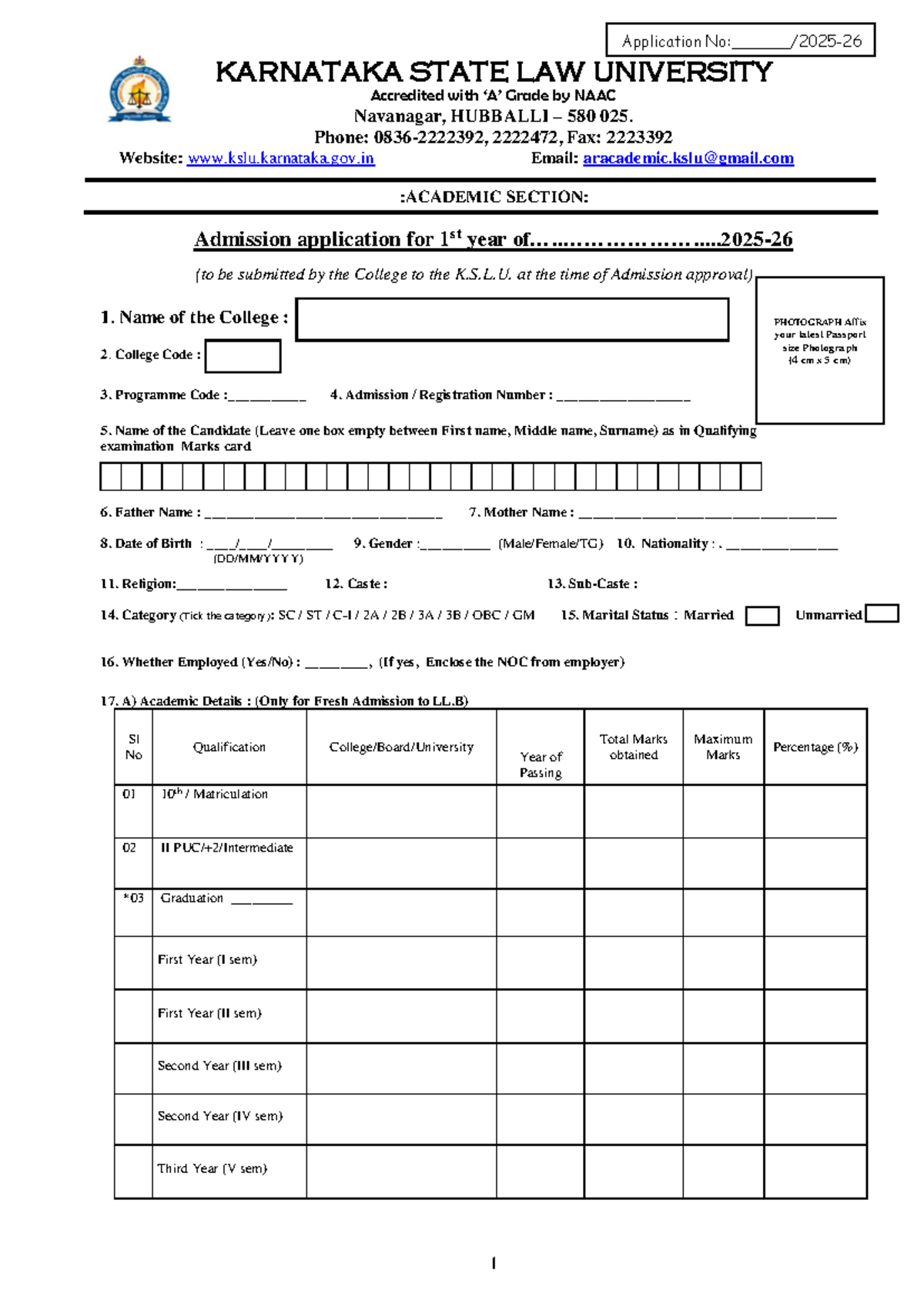 Admission Application for 1st Year LL.B. - K.S.L.U. 2025-26 - Studocu