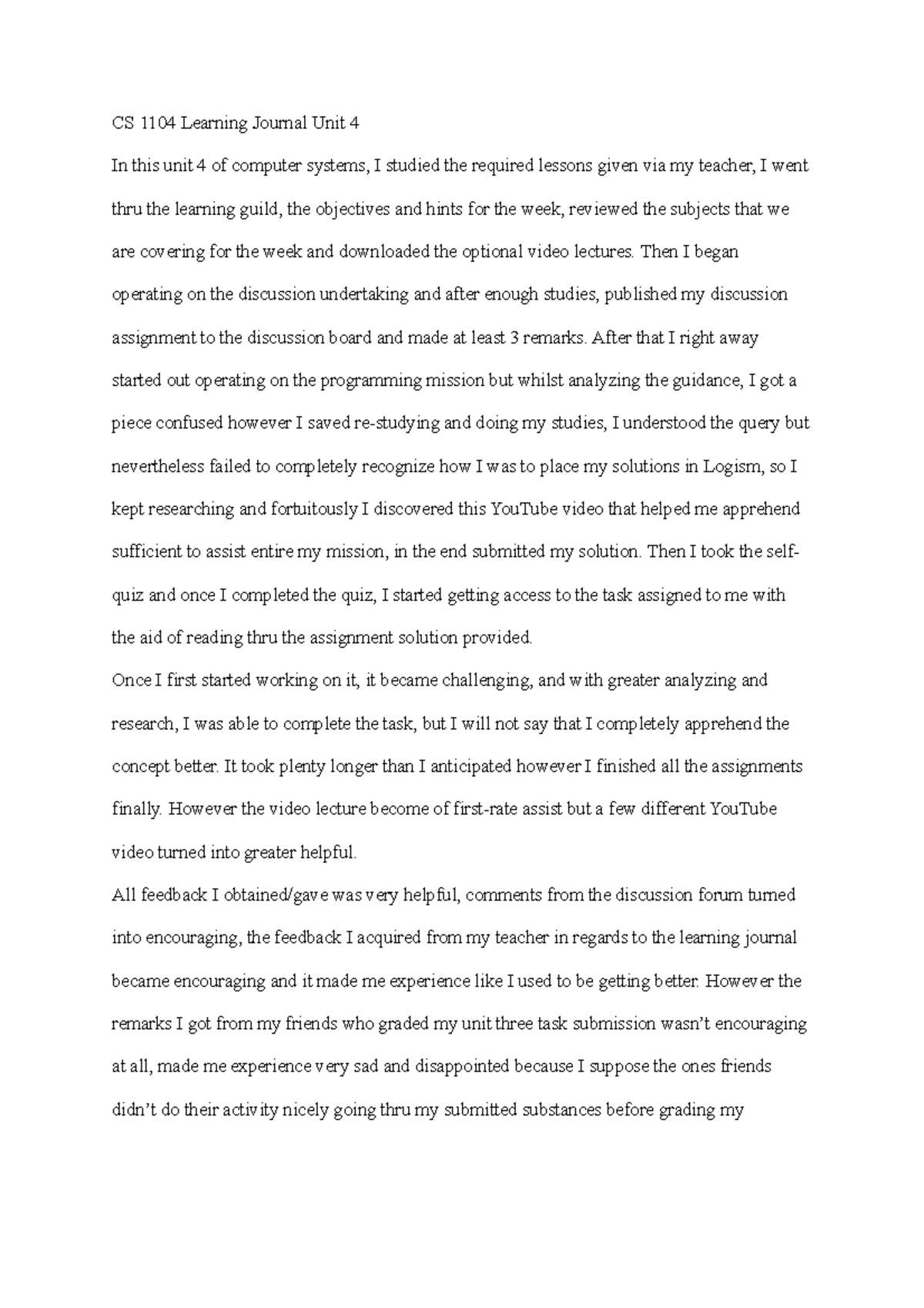 CS 1104 Learning Journal Reflection on Unit 4 Tasks and Insights - Studocu
