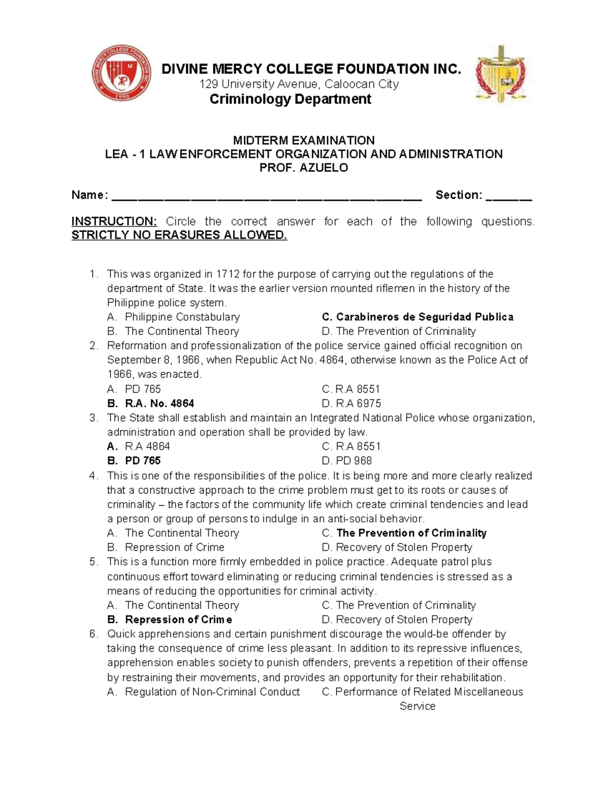 LEA 1 Midterm Exam: Law Enforcement Organization & Administration - Studocu