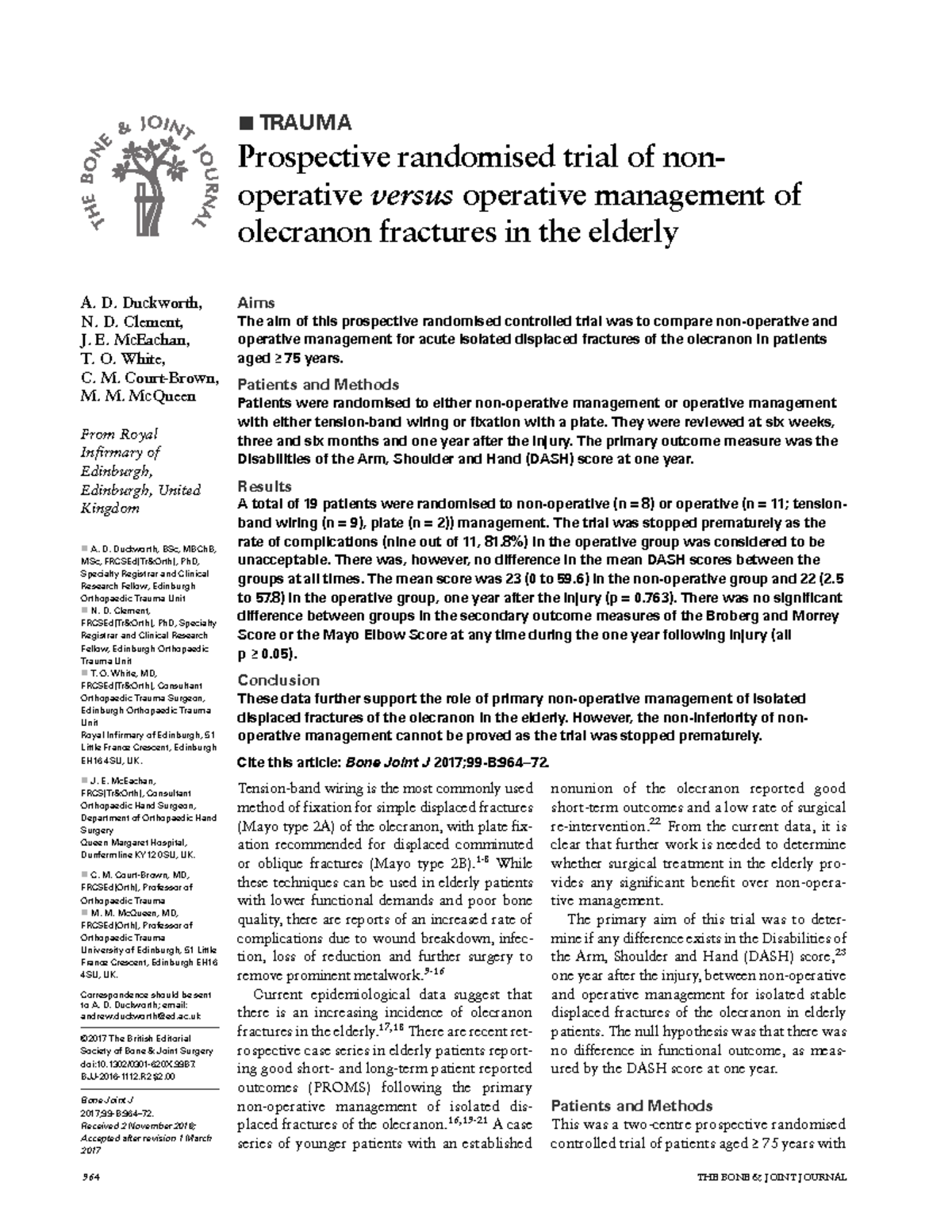 Prospective RCT on Nonoperative vs Operative Olecranon Fracture ...