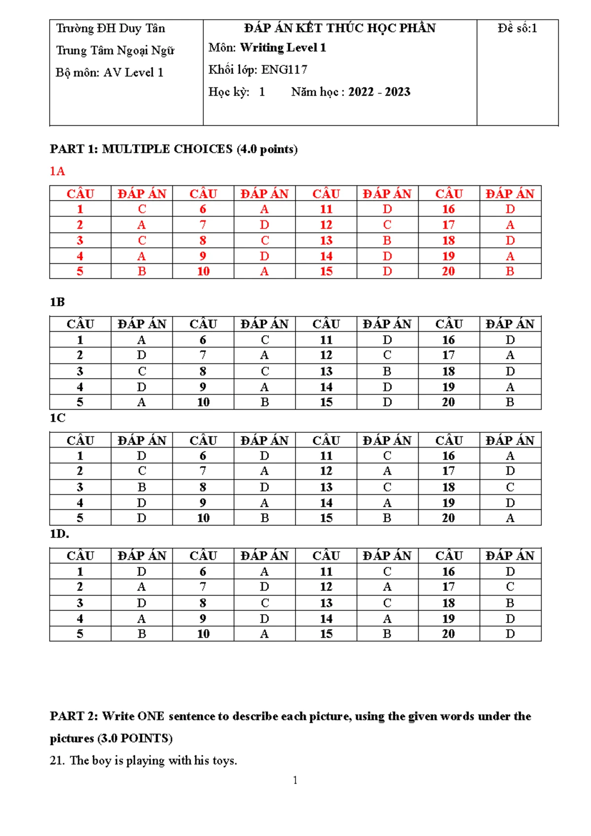 ĐÁP ÁN ĐỀ THI READING LEVEL 1 - ENG 116 - KHOÁ HỌC 02/2020 - Studocu