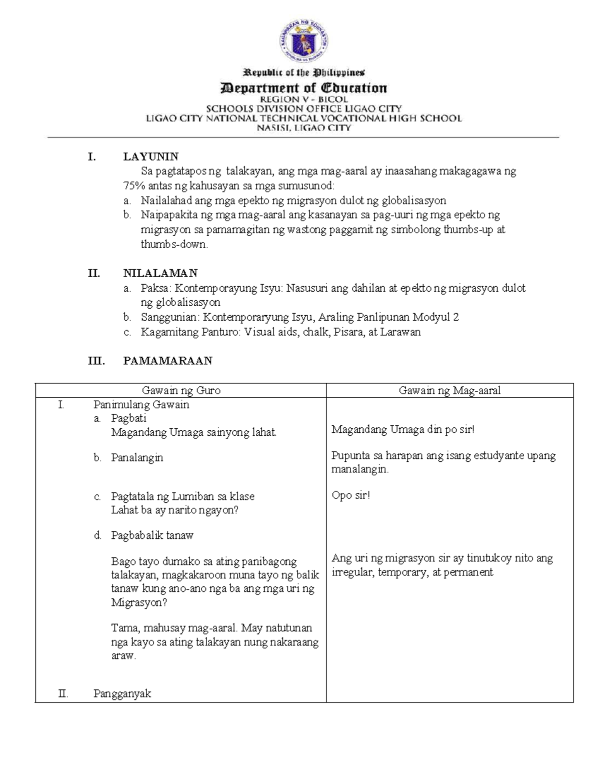Lesson Plan on Migration Effects Due to Globalization (DLP) - Studocu