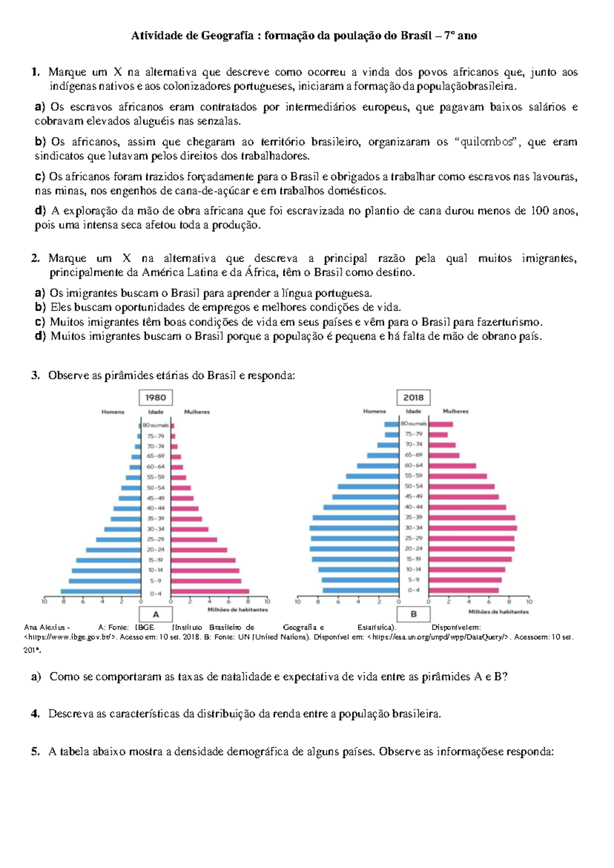 Atividade de Geografia: Formação da População Brasileira - 7º Ano ...