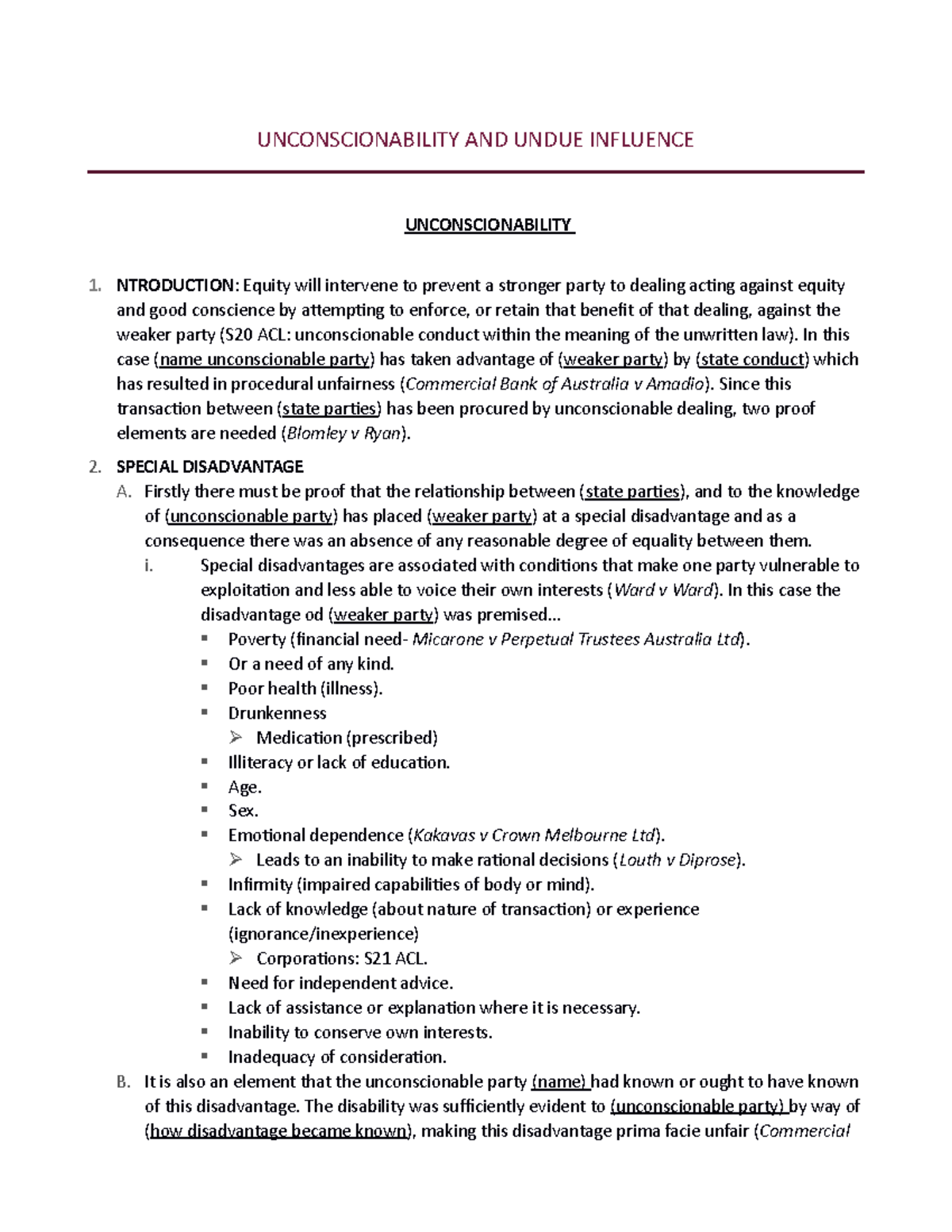 LA3013 Lecture 11: Exploring Unconscionability & Undue Influence - Studocu