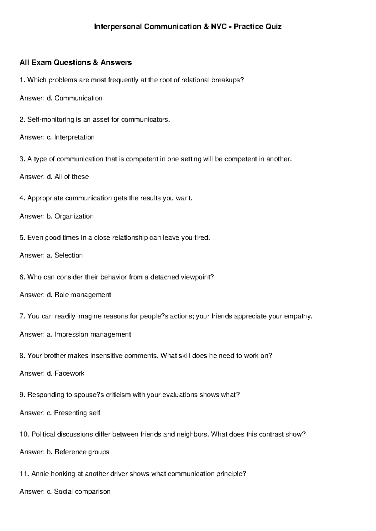 Interpersonal Comm & NVC - Practice Quiz Questions & Answers - Studocu