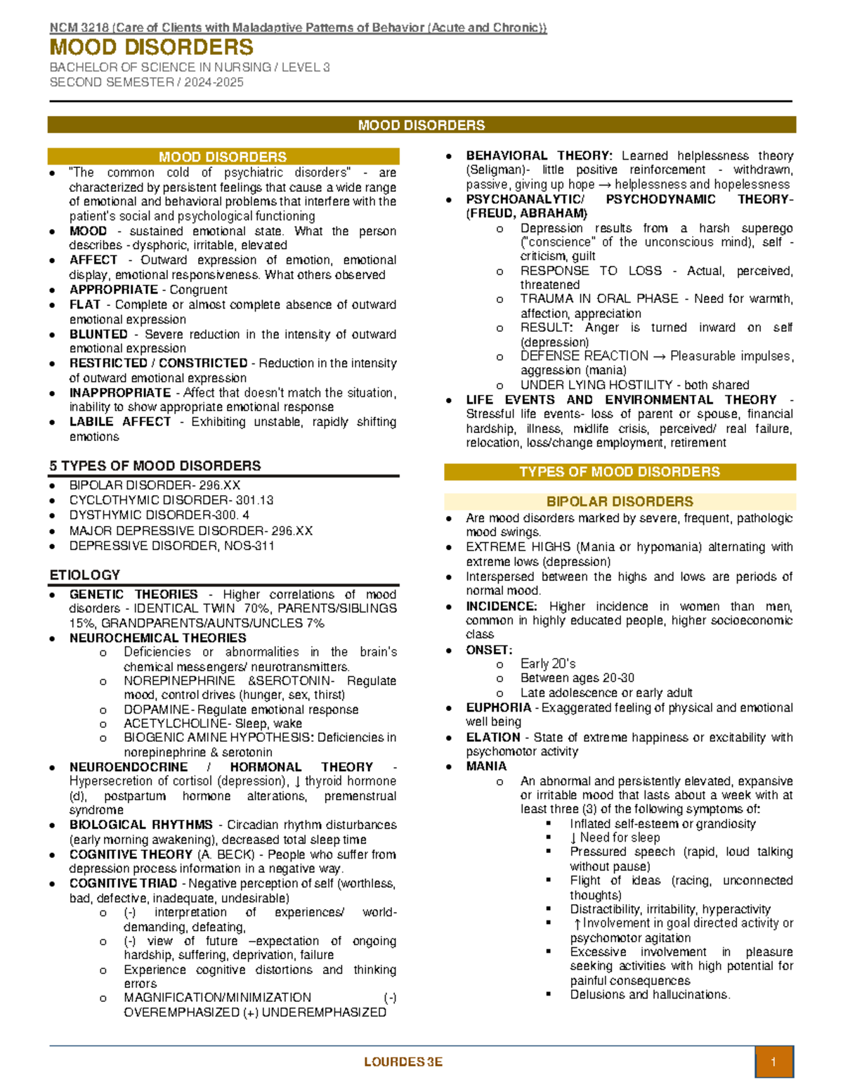 MOOD Disorders - Combine lecture notes for psychiatric nursing. - NCM ...
