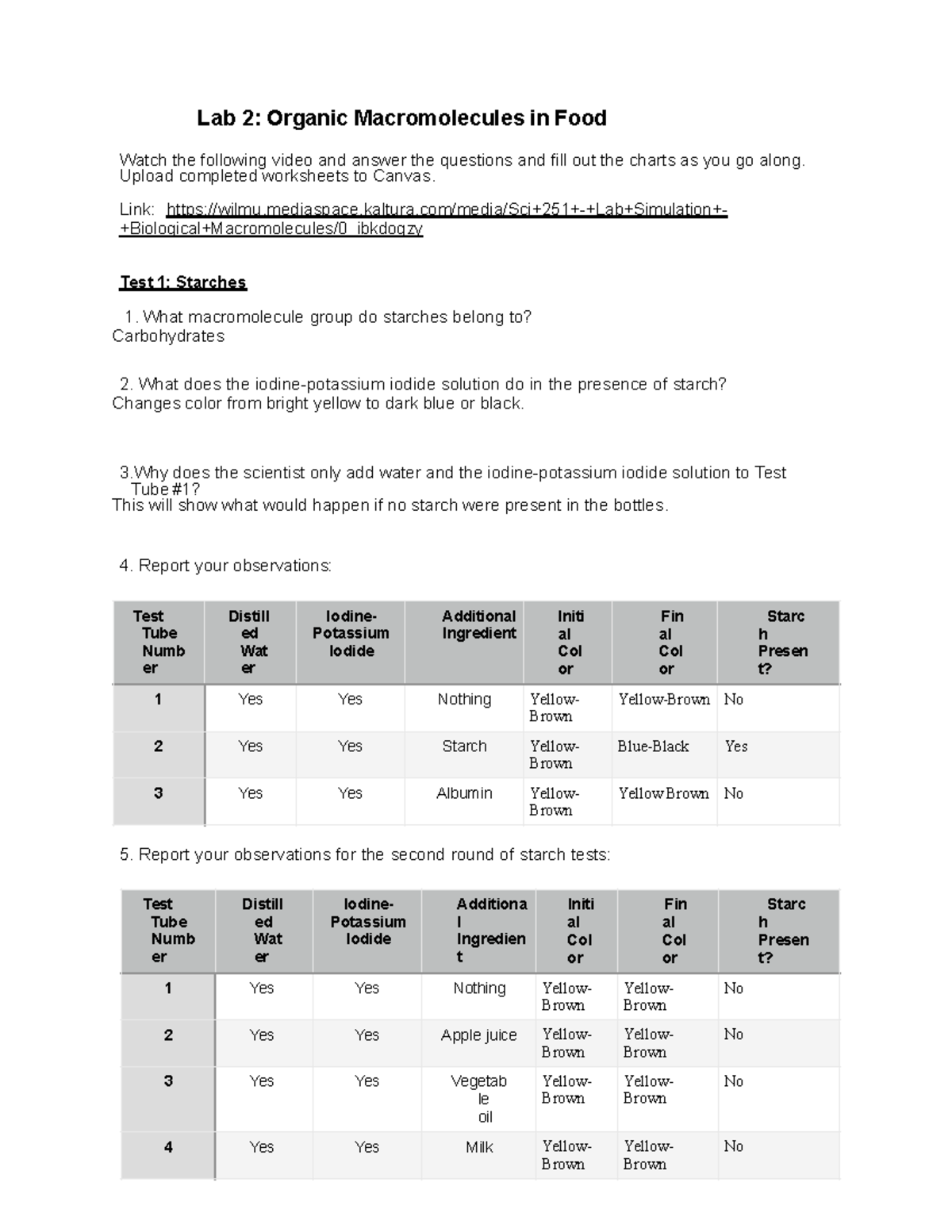 Lab 2: Organic Macromolecules in Food Analysis and Observations - Studocu