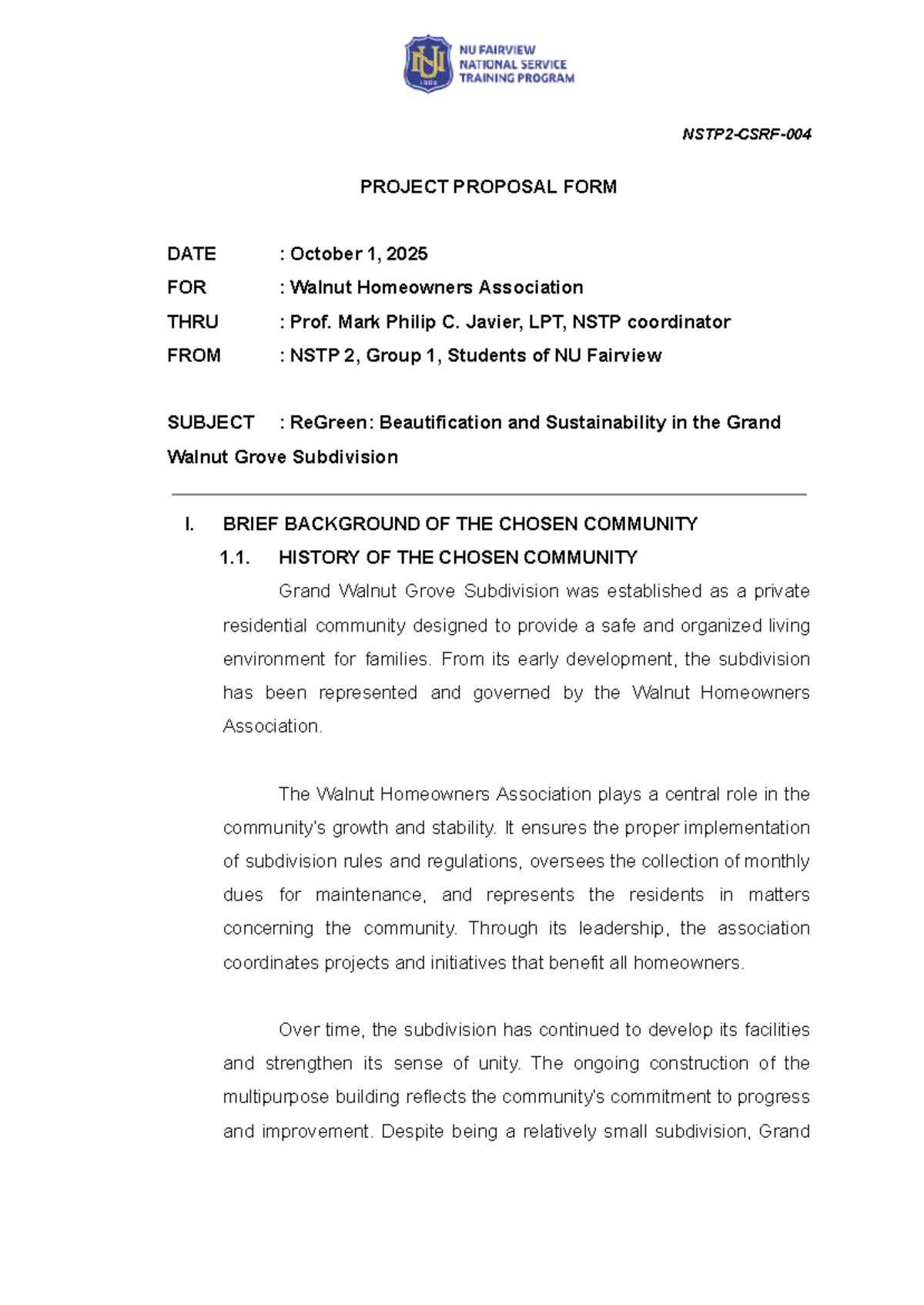 Final Project Proposal: ReGreen Beautification & Sustainability (NSTP 2 ...