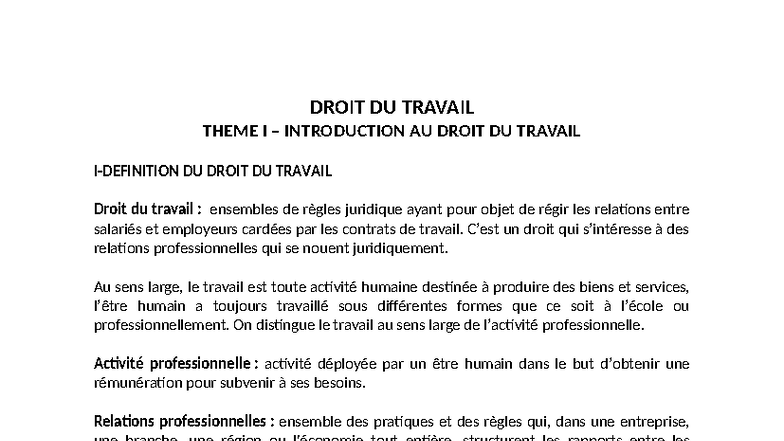 Droit du Travail - Thème I : Introduction et Concepts Fondamentaux ...