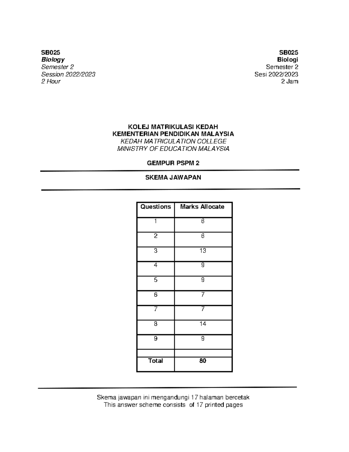 SB025 Biology Semester 2 Trial Exam Answer Scheme - Kedah Matriculation - Document Preview