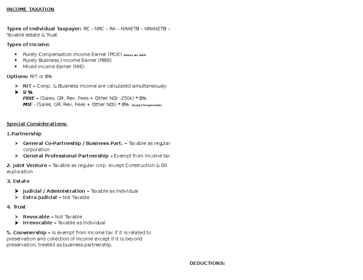 Income Taxation - Lecture Notes on Individual Taxpayers and Deductions ...
