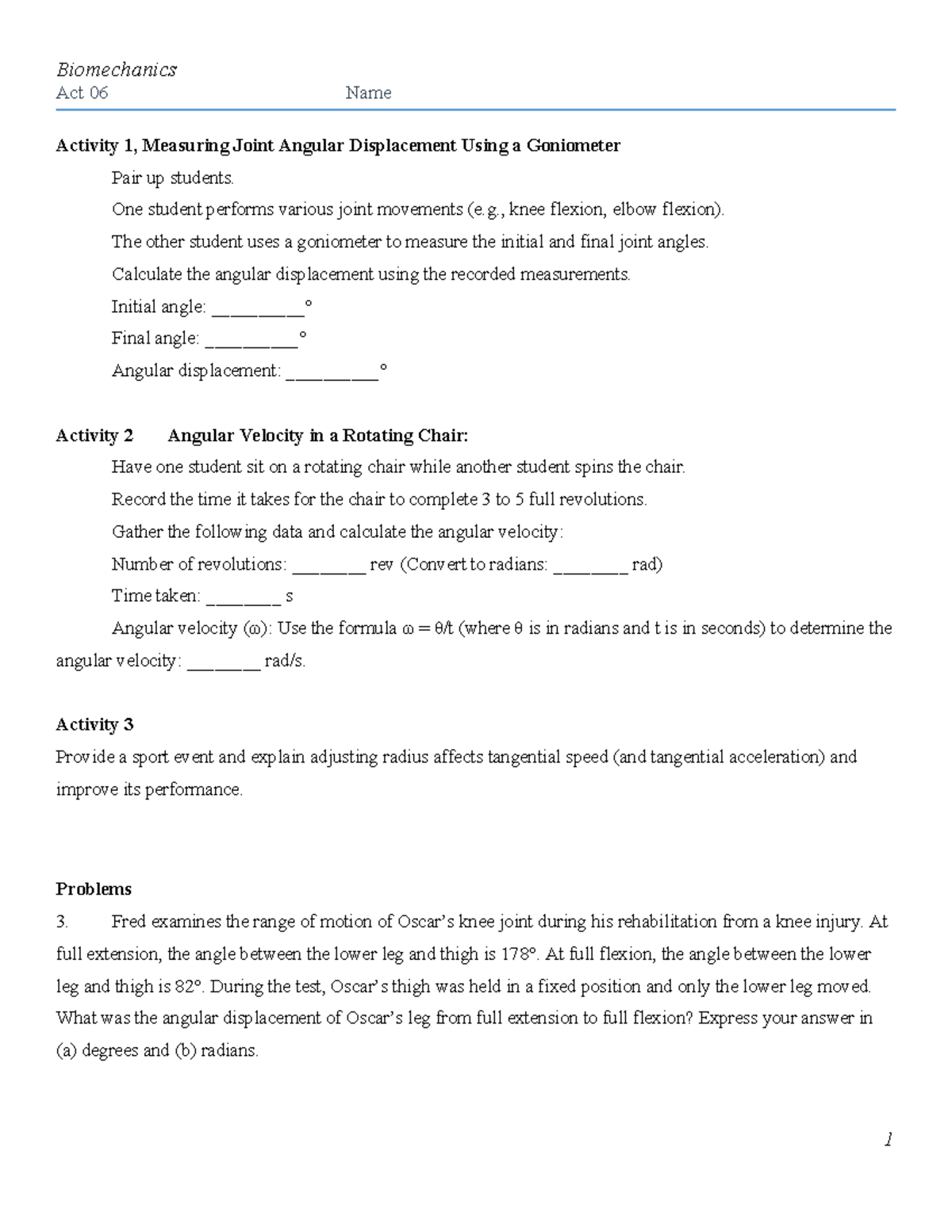 Biomechanics Act 06: Measuring Joint Angular Displacement & Velocity ...