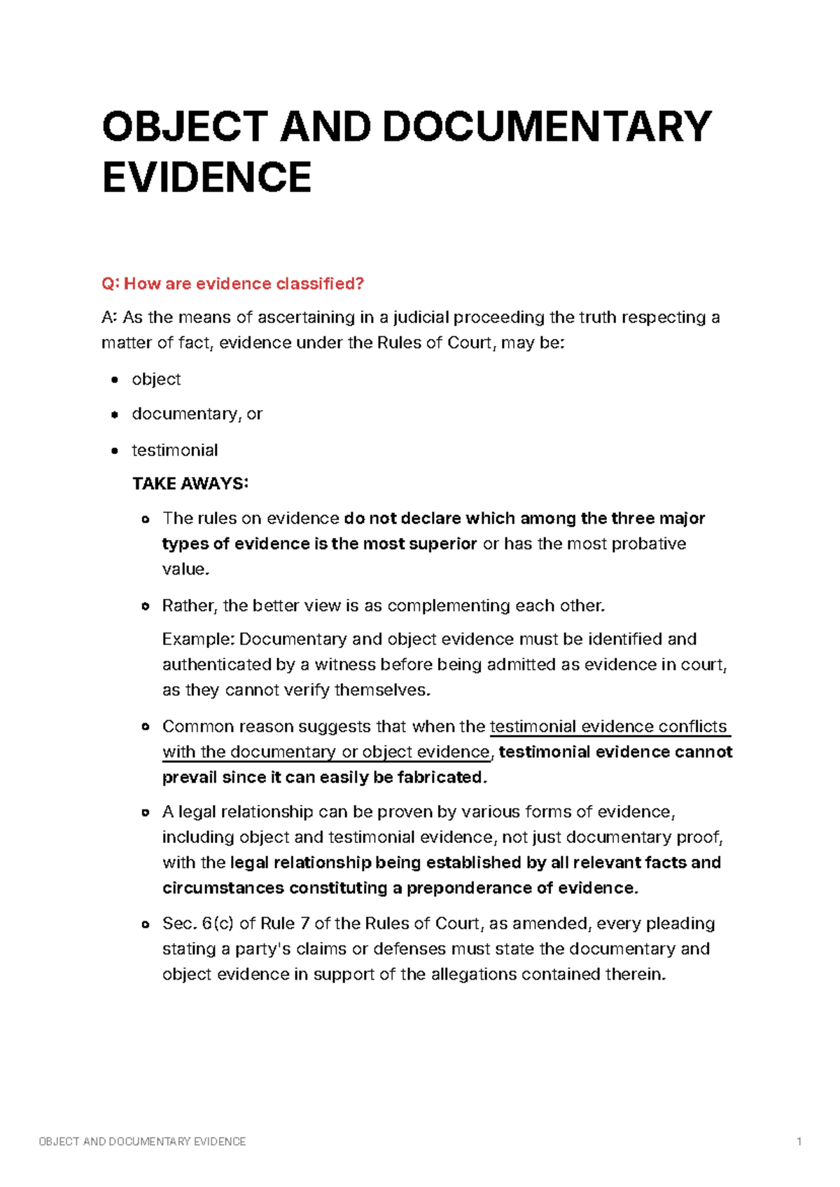 OBJECT AND DOCUMENTARY EVIDENCE: Classification and Admissibility ...