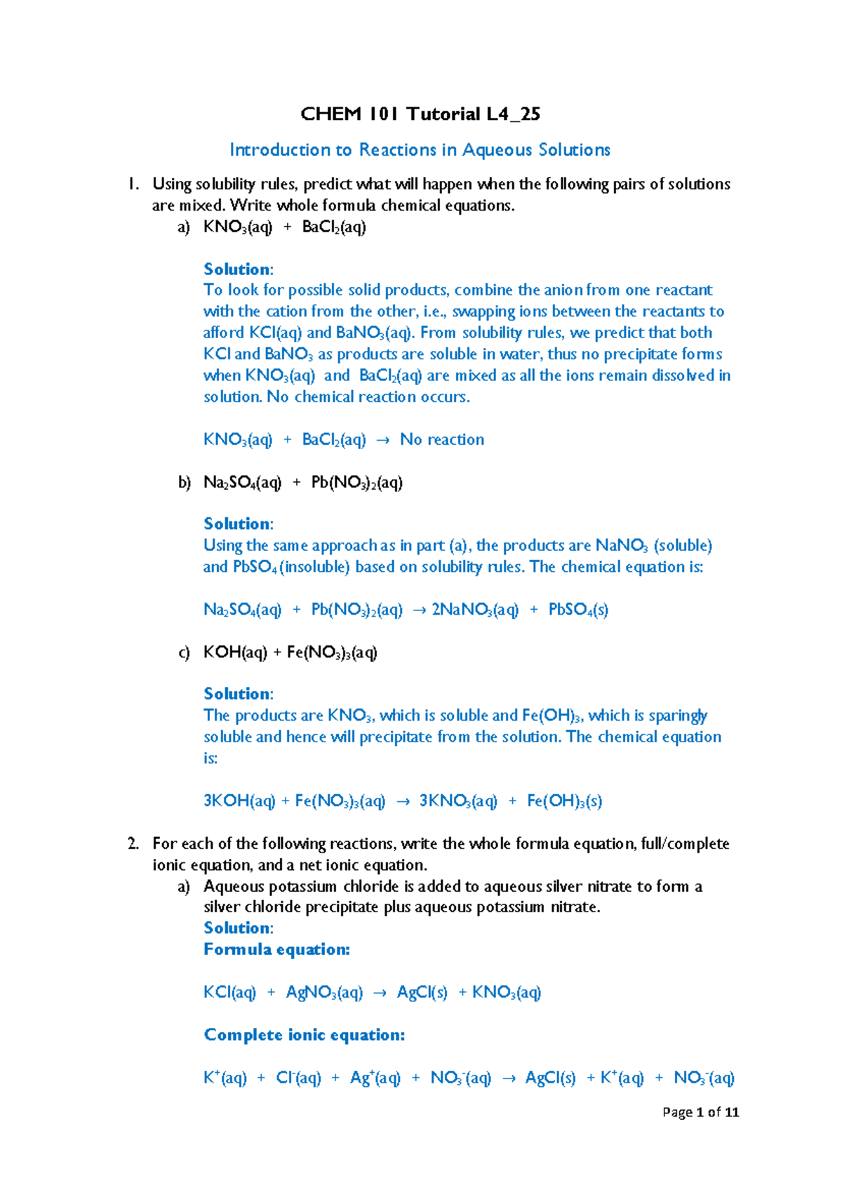 CHEM 101 Tutorial L4_25 Aqueous Reactions and Solubility Rules - Studocu