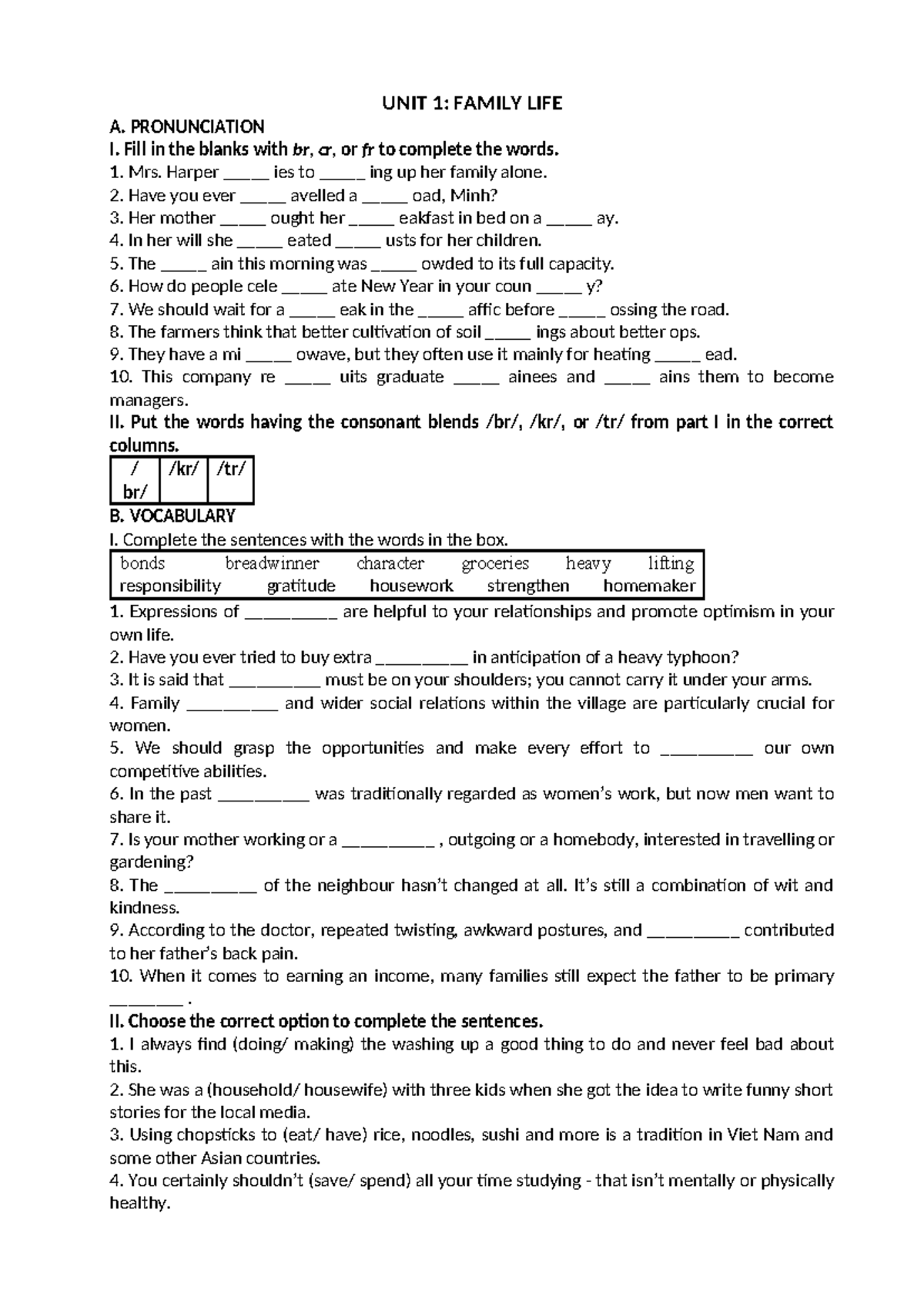 UNIT 1: FAMILY LIFE - PRONUNCIATION AND VOCABULARY EXERCISES - Studocu