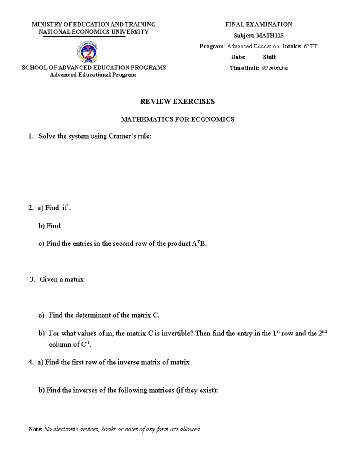 Final Exam Review Exercises for MATH - Advanced Ed Program TT63 - Studocu