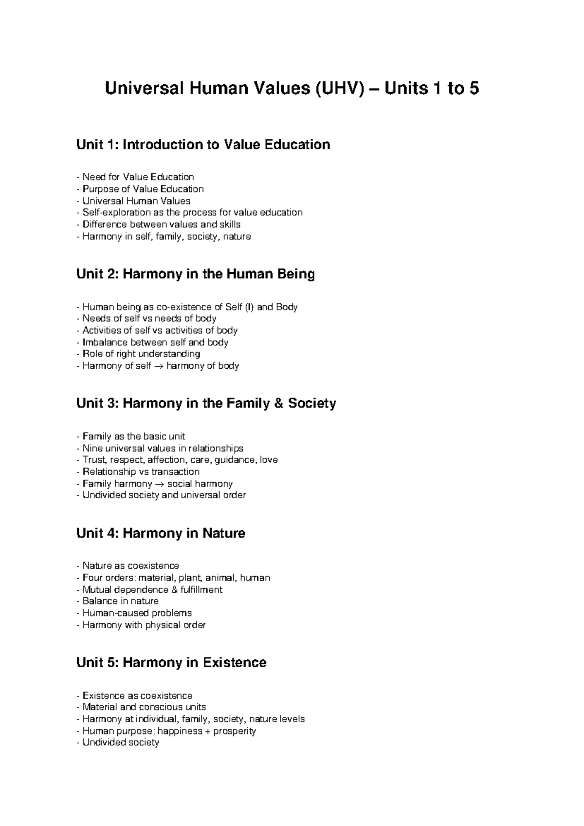 UHV Units 1-5: Comprehensive Notes on Universal Human Values - Studocu