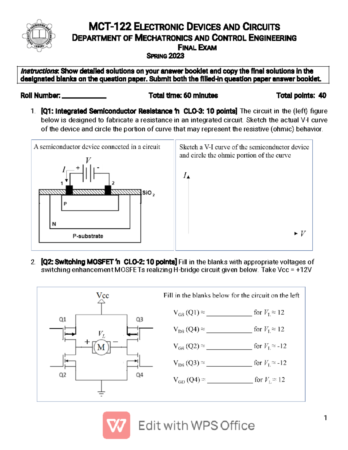 MCT-122 Final Exam: Electronic Devices & Circuits - Spring 2023 - Studocu