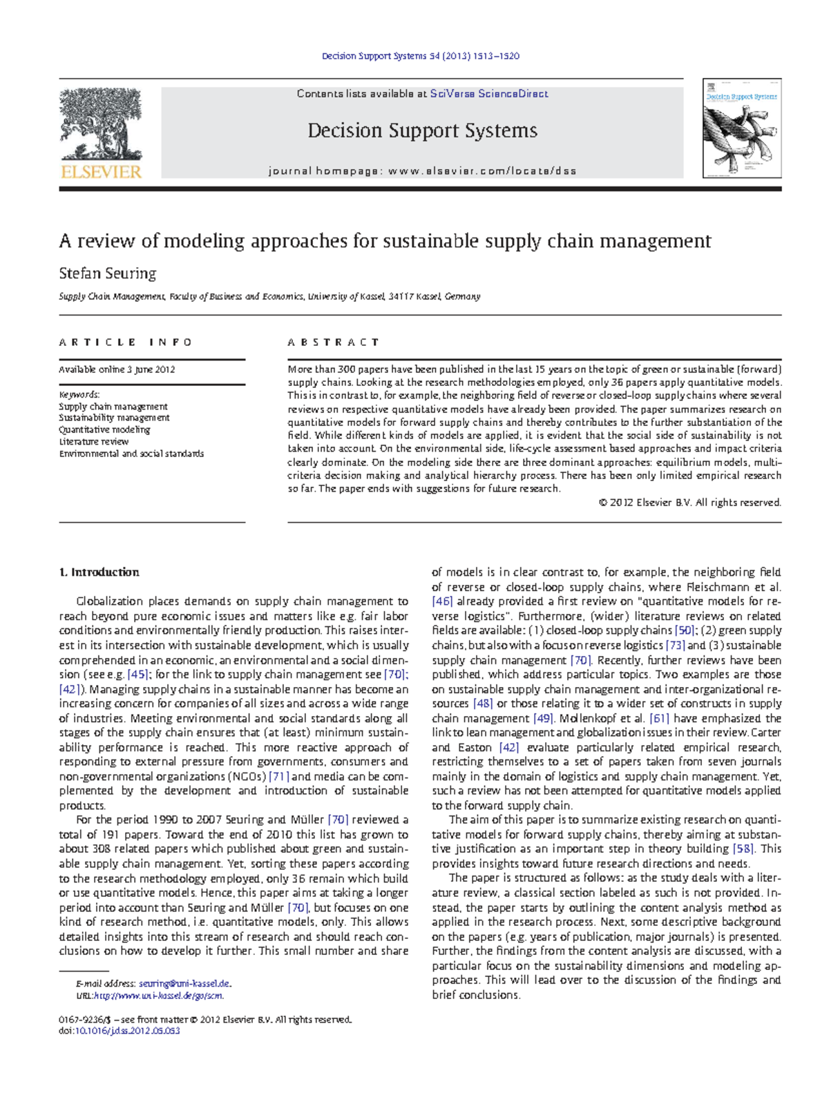 Sustainable Supply Chain Management: A Review of Quantitative Models ...