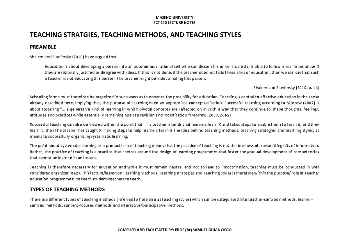 MASENO UNIVERSITY ECT 210 LECTURE NOTES ON TEACHING STRATEGIES AND ...