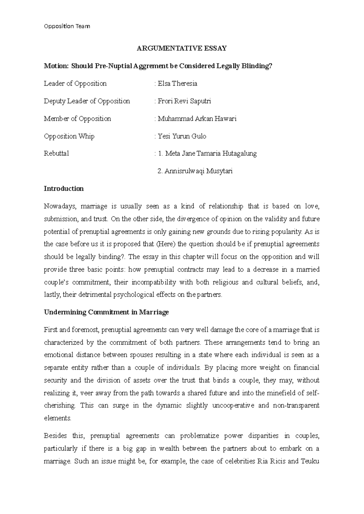 Argumentative Essay: Opposition to Legally Binding Prenups - Studocu
