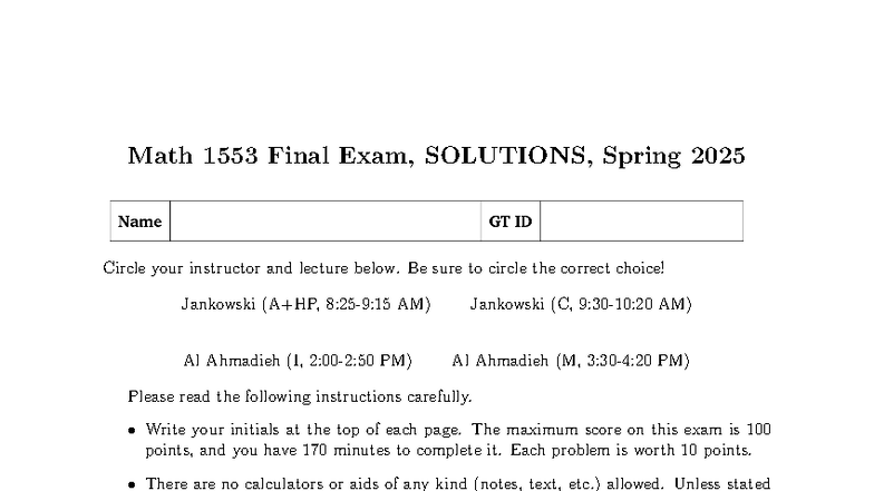 Math 1553 Final Exam Solutions, Spring 2025 - Studocu