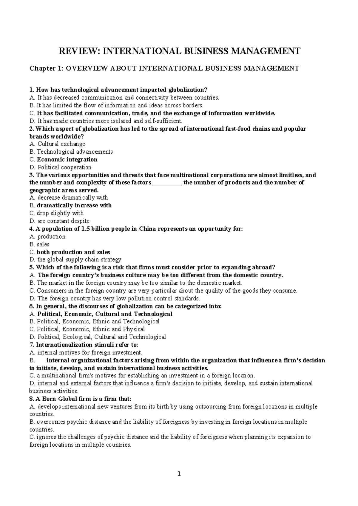 REVIEW: INTERNATIONAL BUSINESS MANAGEMENT (IBM 101) Chapter Summaries ...