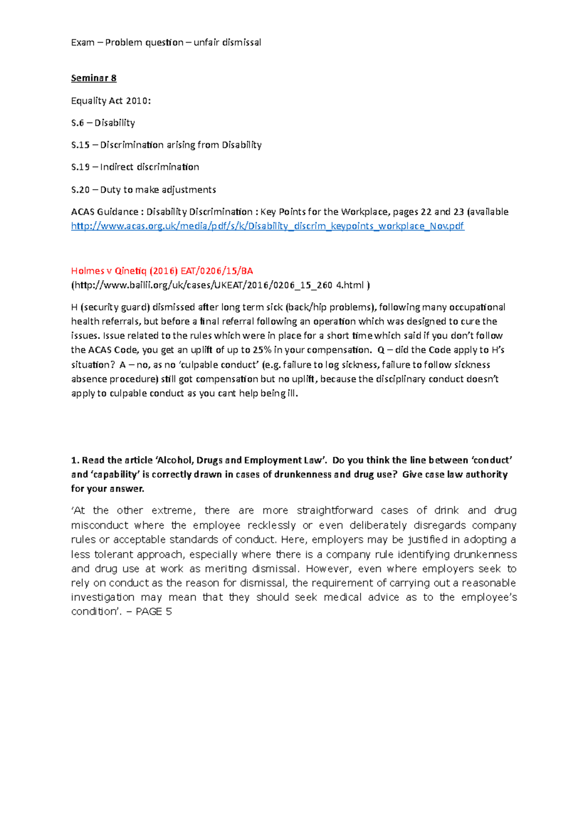 Seminar 8 - Unfair Dismissal & Disability Discrimination Issues - Studocu