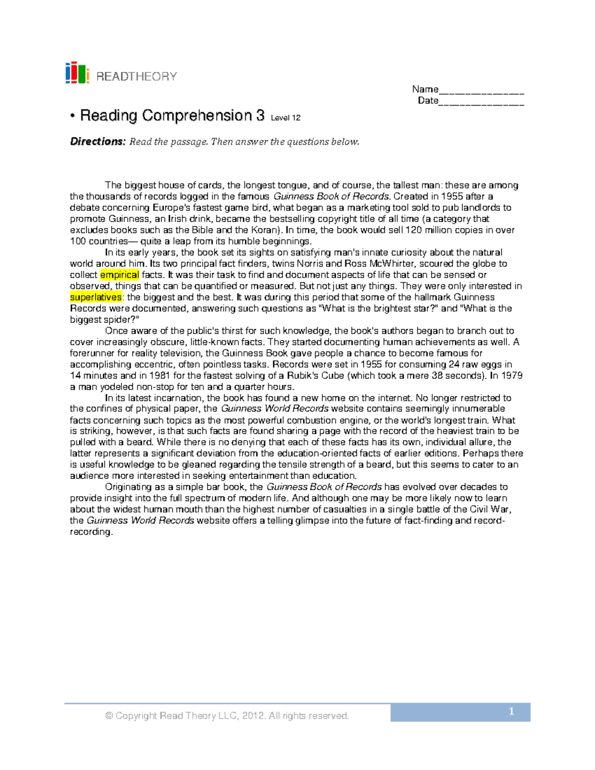 Level 12 Reading Comprehension Passage 3: Evolution of Guinness Records - Studocu
