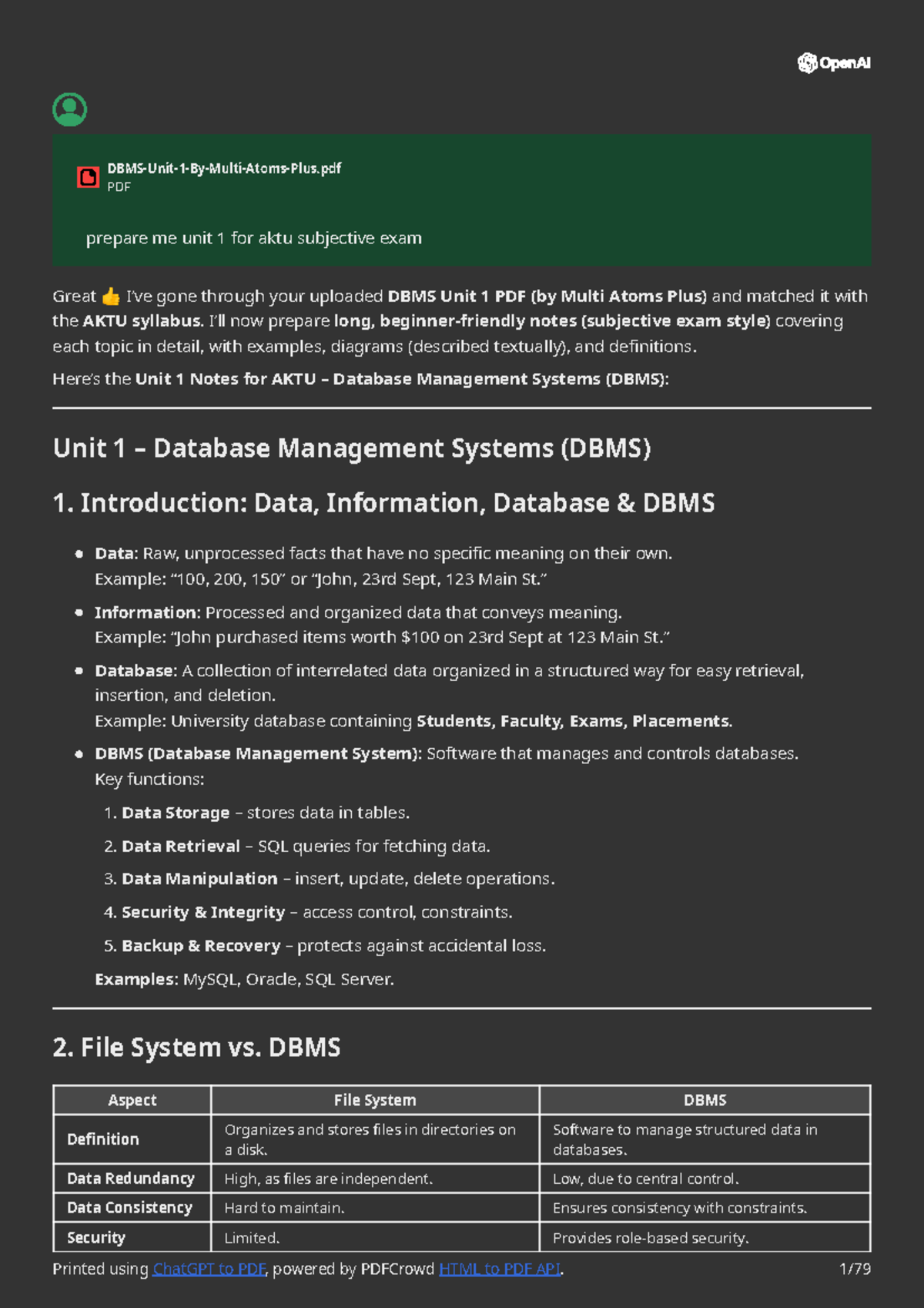 Unit 1 Notes for AKTU DBMS: Comprehensive Guide for Subjective Exams ...