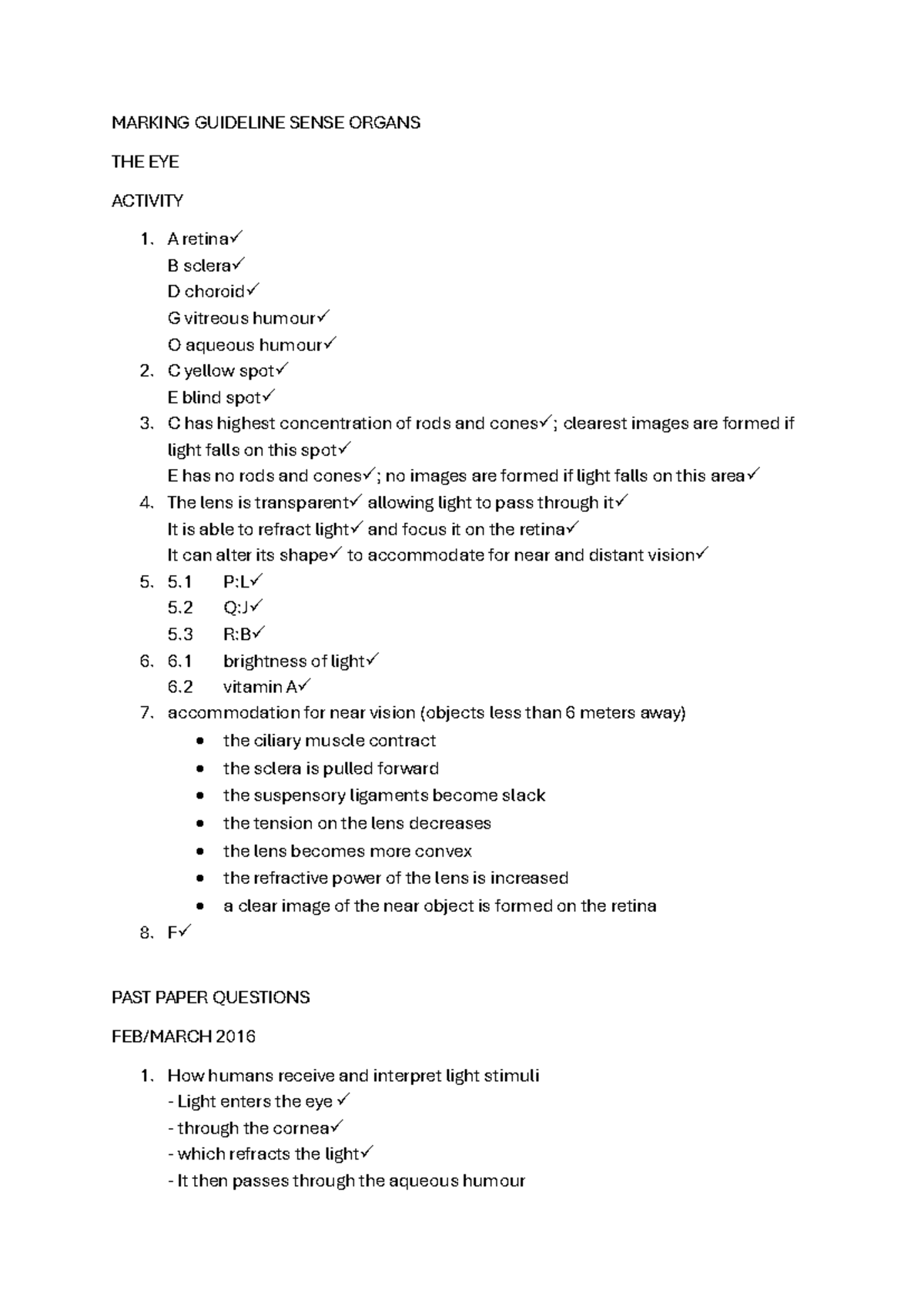 MG Sense Organs: Eye and Ear Marking Guidelines and Past Paper Qs - Studocu