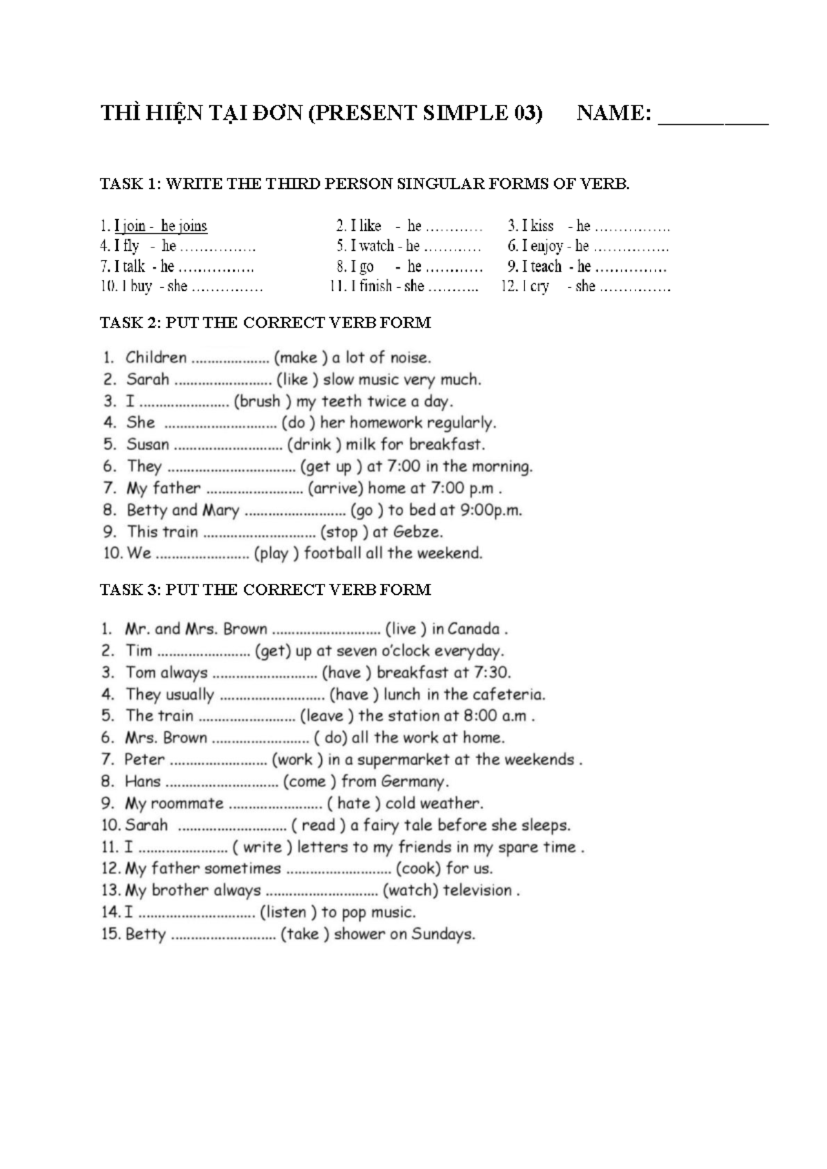 THÌ HIỆN TẠI ĐƠN (PRESENT SIMPLE 03) - WORKSHEET - Studocu