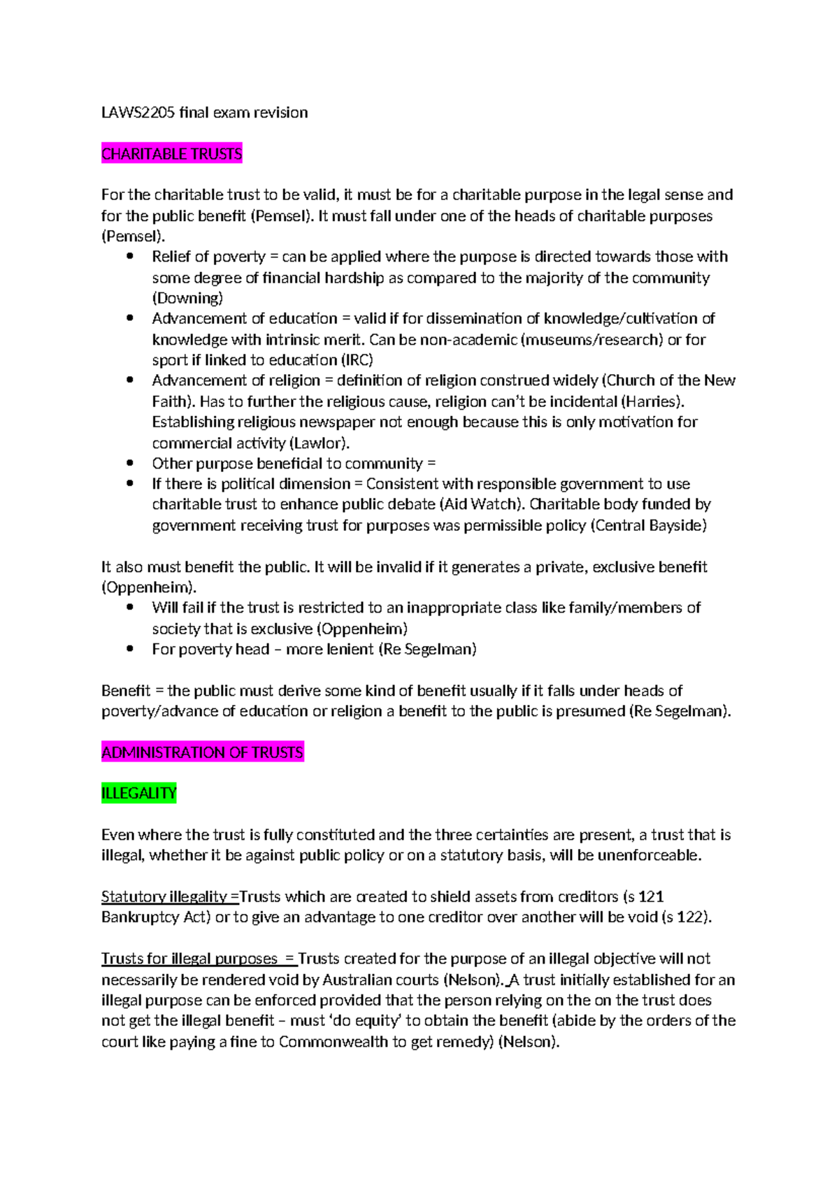 LAWS2205 Final Exam Revision: Charitable Trusts and Administration ...