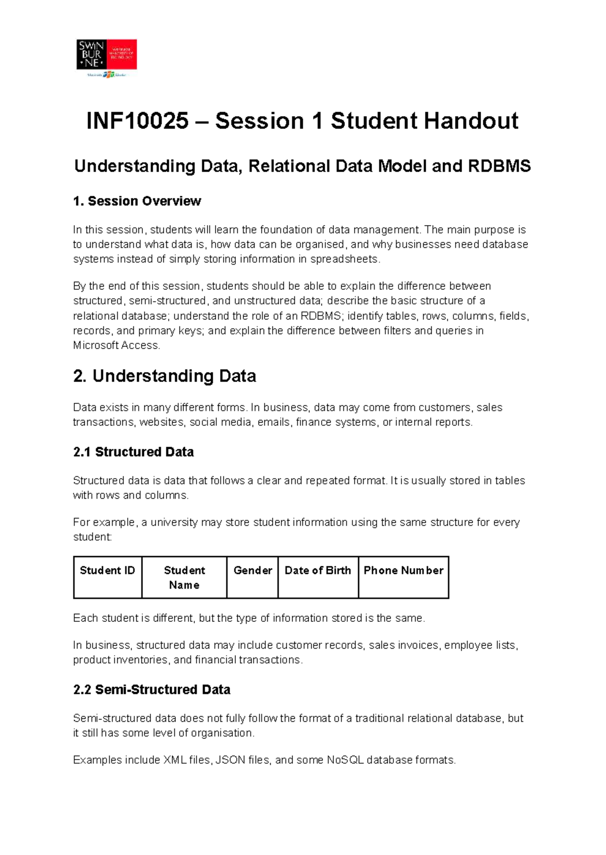 INF10025 Session 1 Handout: Understanding Data & RDBMS Basics - Studocu