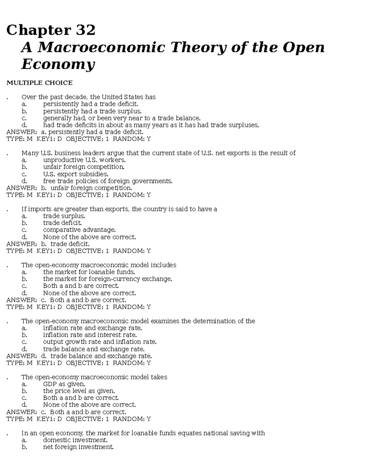 Chap 32: Open Economy Macroeconomic Theory - MCQs and Analysis - Document Preview