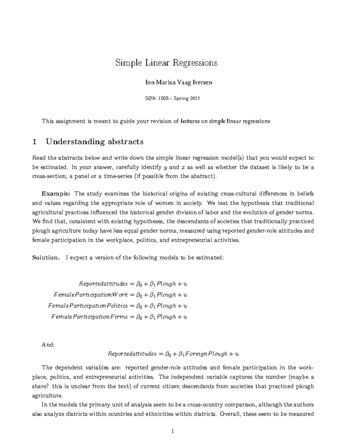 SØK 1005 - Simple Linear Regression Assignment 1 Spring 2023 - Studocu
