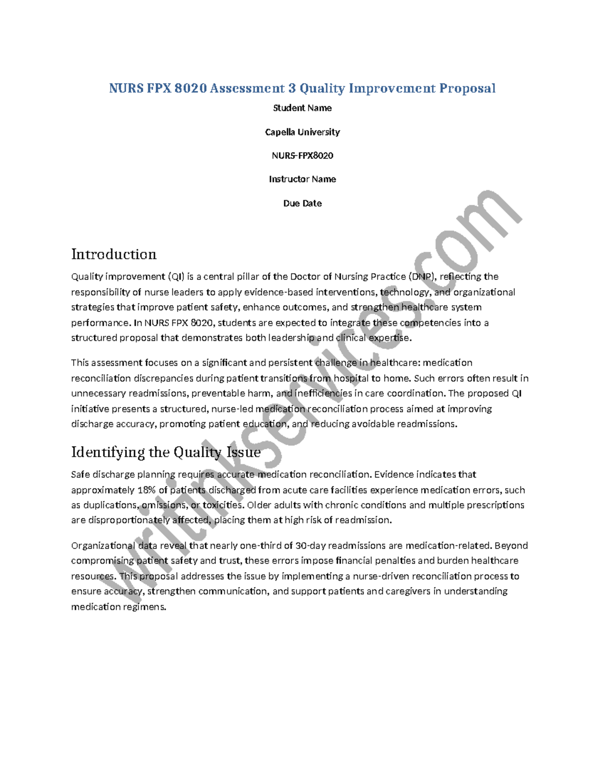 NURS FPX 8020 Assessment 3: Quality Improvement Proposal on Med ...