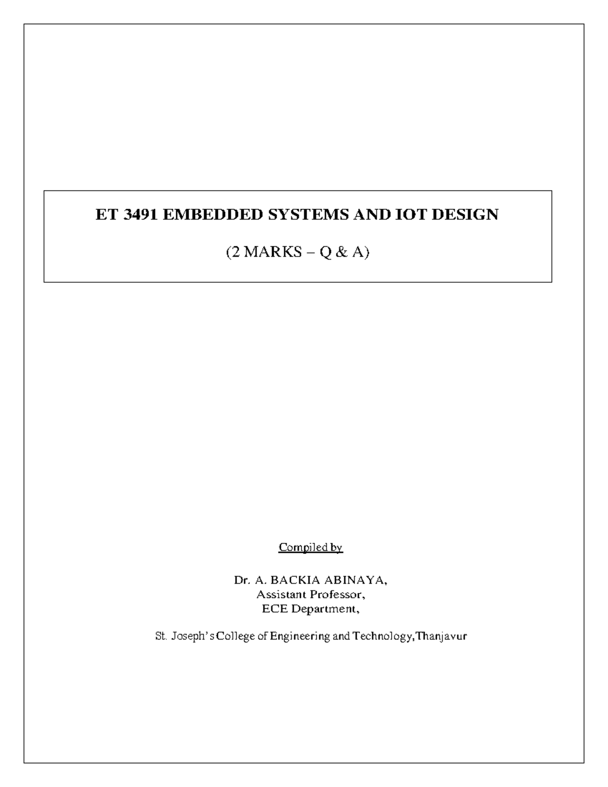 EC 3491 IOT DESIGN 2 MARKS Q&A Compiled by Dr. A. Backia Abinaya - Studocu