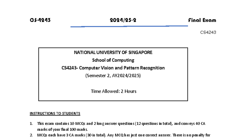 Final Exam CS4243: Computer Vision & Pattern Recognition - Studocu