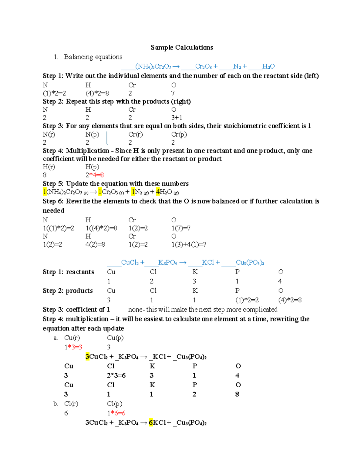 Cations Sample Calculations - Sample Calculations Balancing equations ...