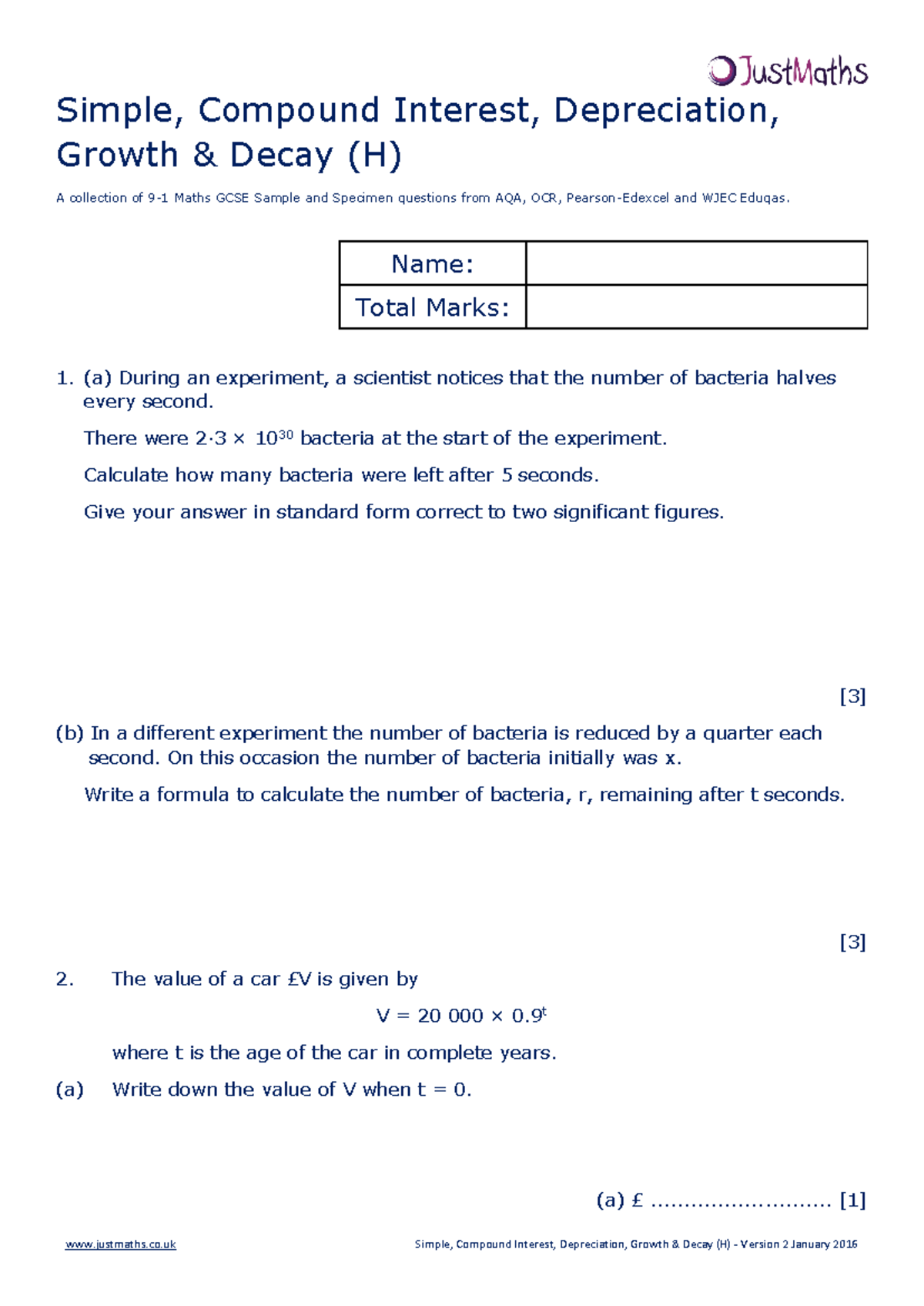 GCSE Maths Sample Questions on Interest & Growth (Maths Q2) - Studocu