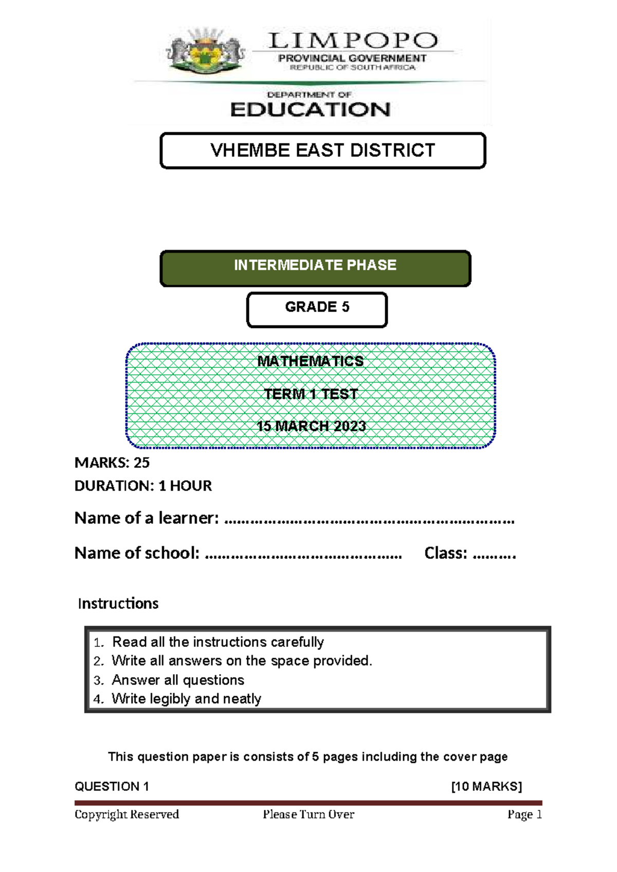 2023 VHEMBE EAST GRADE 5 MATHEMATICS TERM 1 TEST DOCUMENT - Studocu