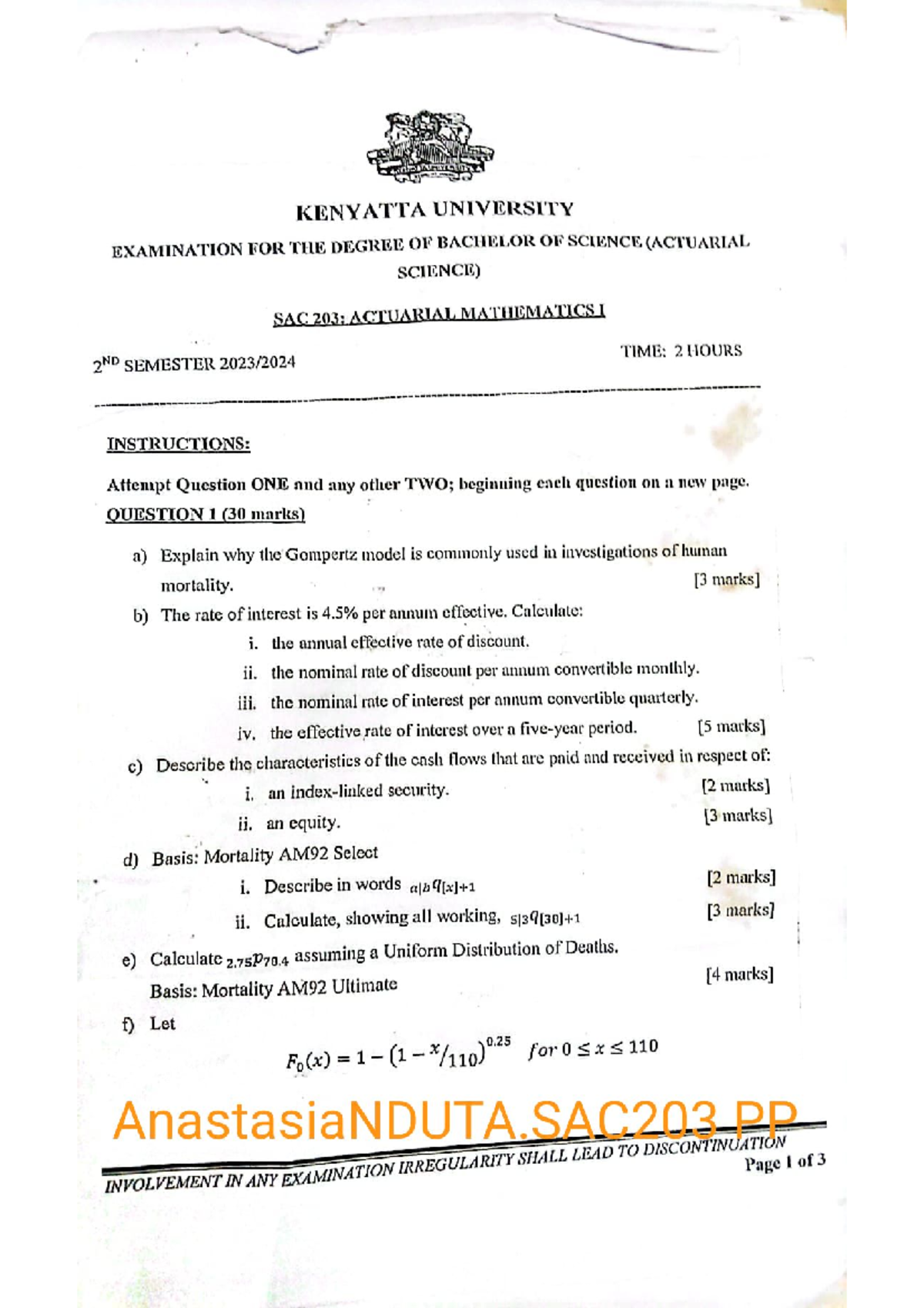SAC203: Actuarial Mathematics I - Exam Questions & Instructions - Studocu
