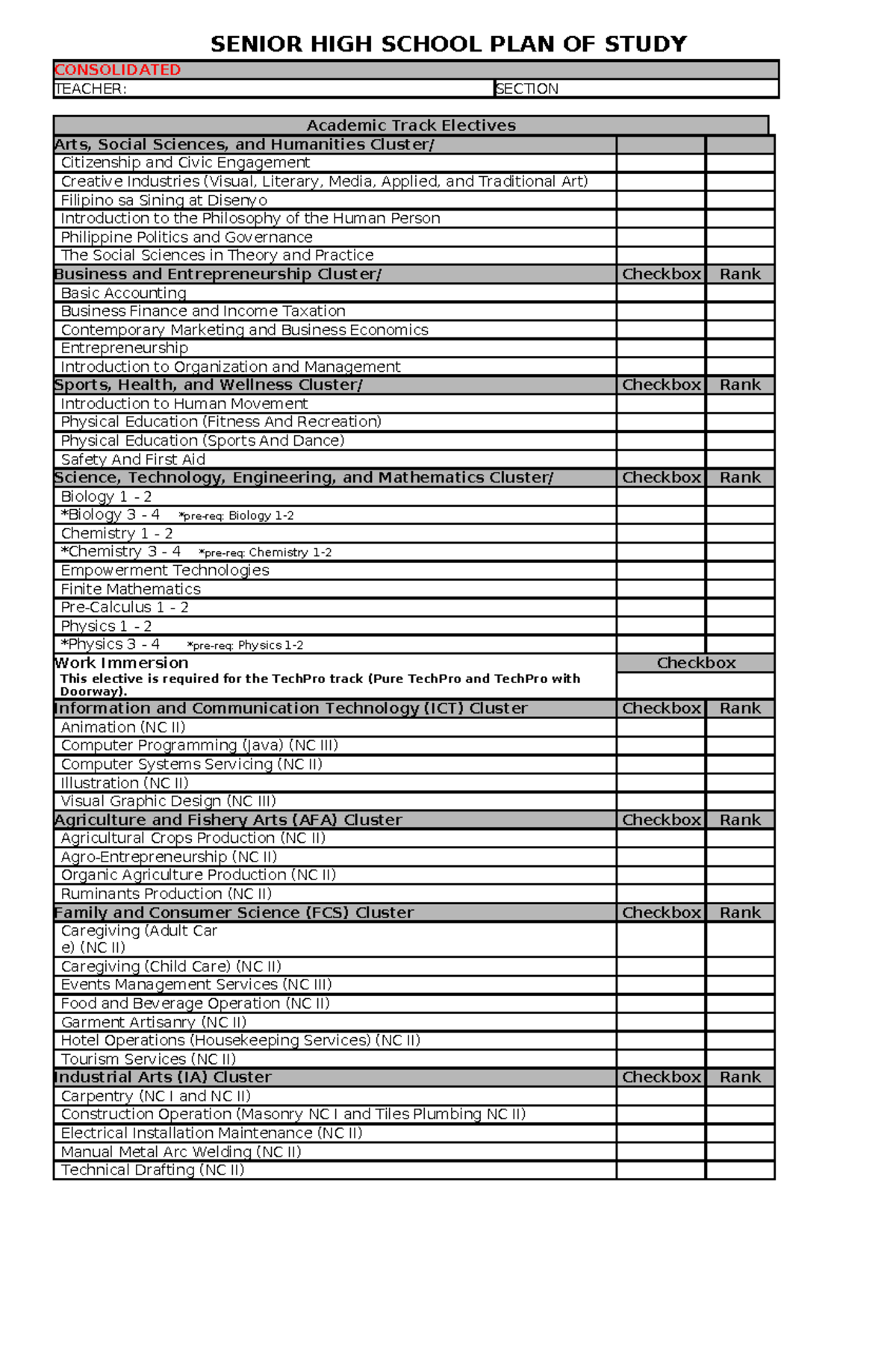 Senior High School Plan of Study: Academic Track Electives - Studocu