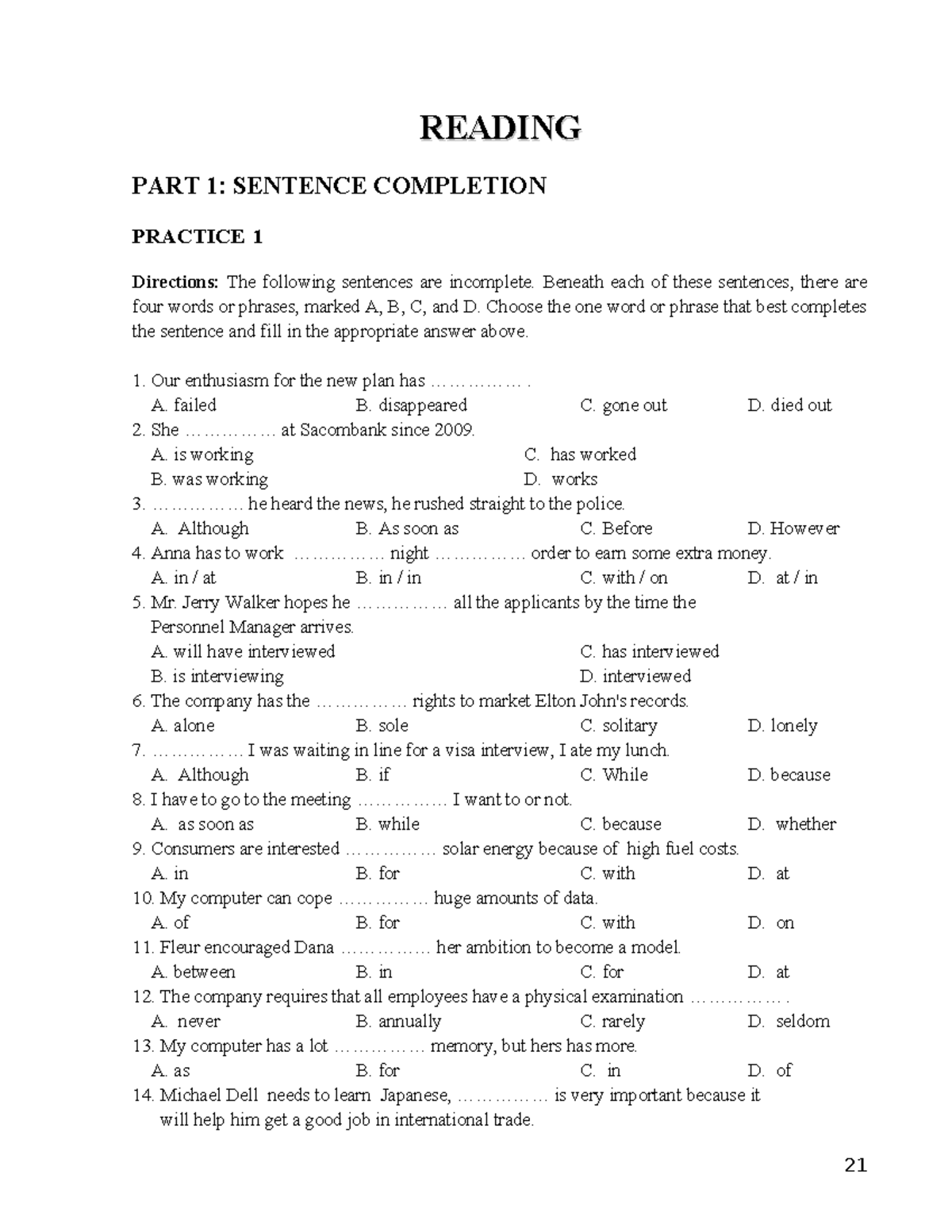New 2 Sentence Completion Practice for READING PART 1 - Studocu