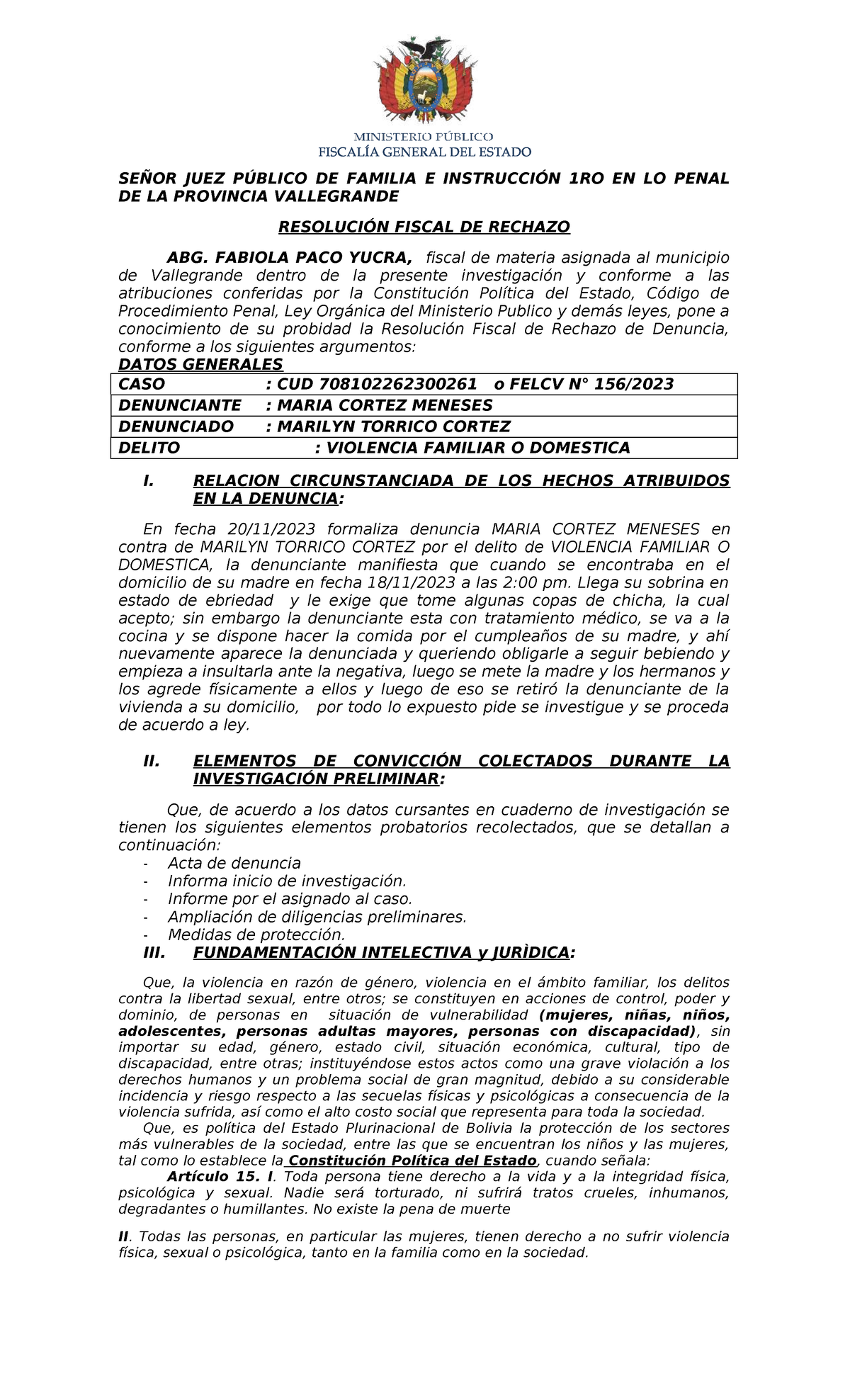 Resolución Fiscal de Rechazo en Caso de Violencia Familiar - CUD 708102262300261 - Document Preview
